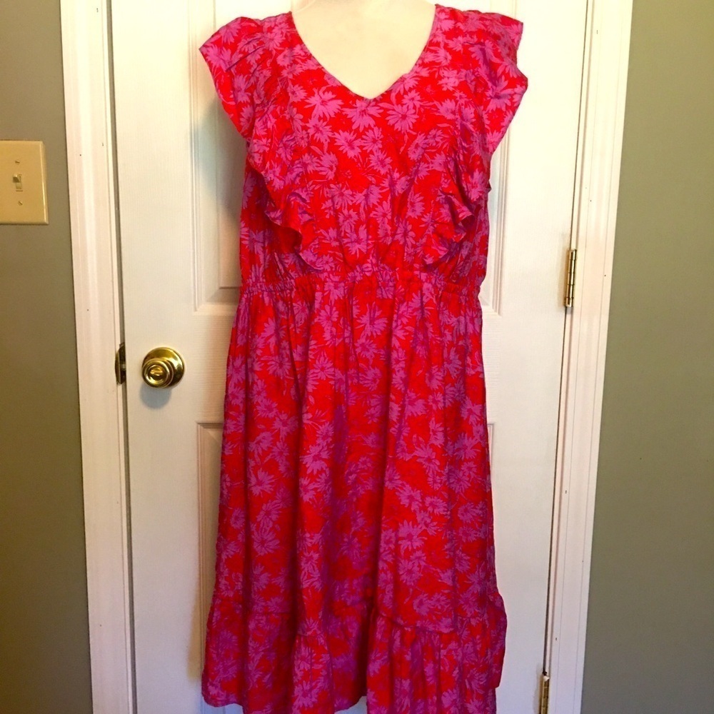 Terra & Sky floral dress sz 14 W. Pullon, ruffle sleeve, ruffle hem, summer.